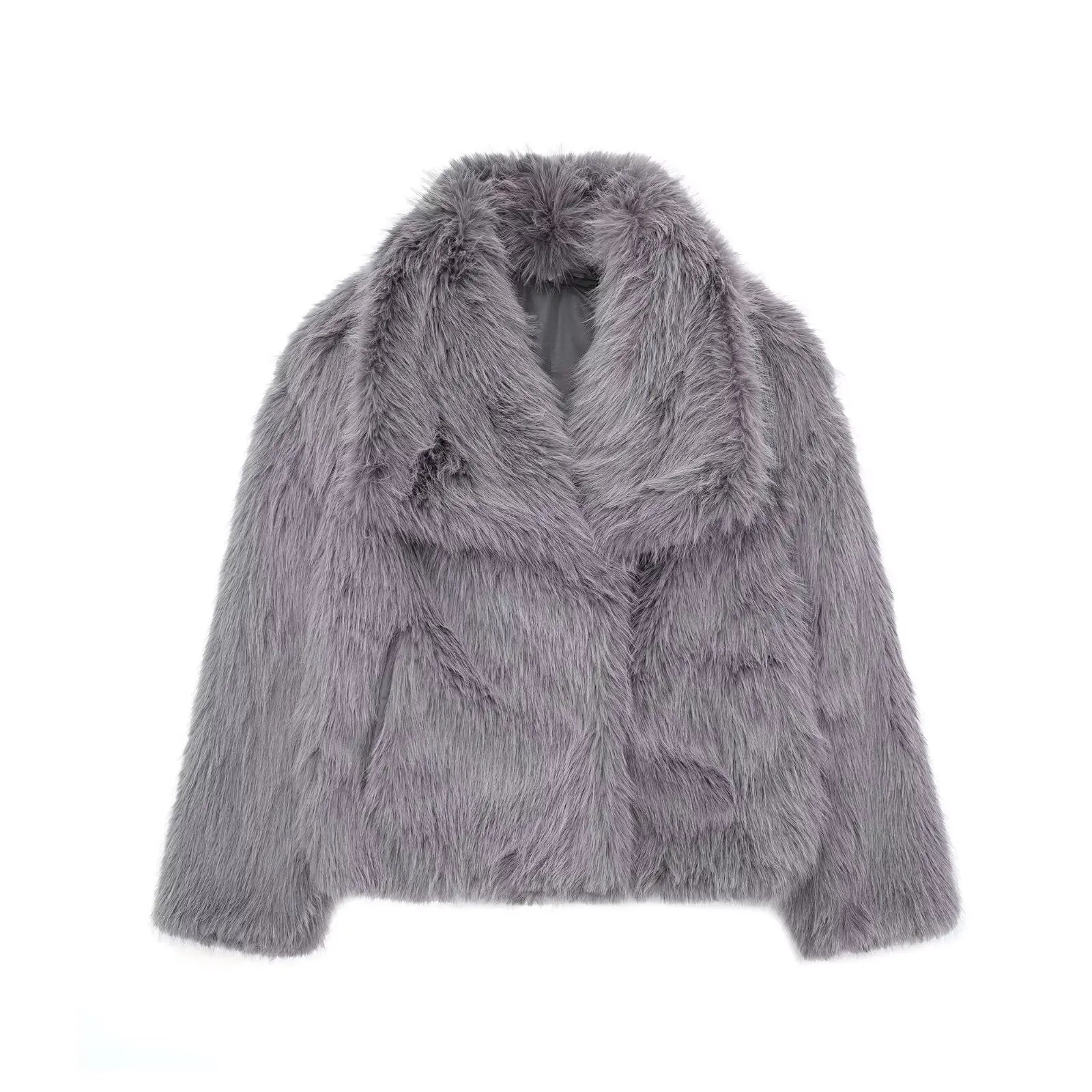 Women's fluffy faux fur jacket in neutral tone, lightweight oversized lapels, luxurious plush texture