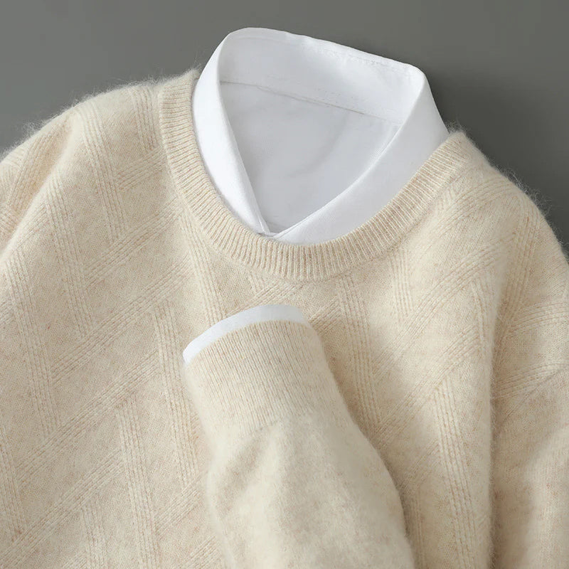Ivory cashmere-blend knit sweater with silky refined texture, minimalist cut for everyday luxury wear