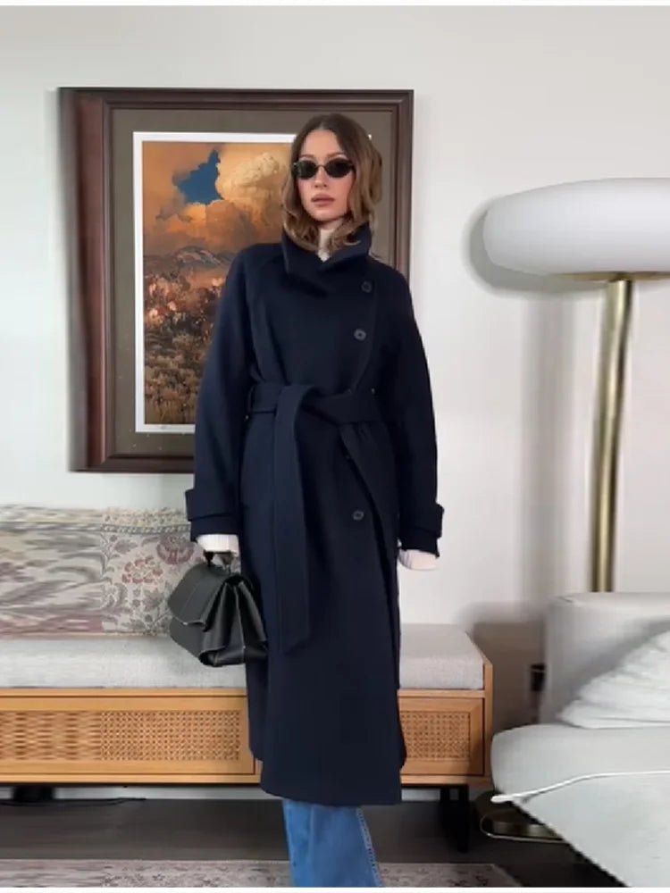 Women's winter belted trench coat structured silhouette waist-defining long cut cold weather outerwear