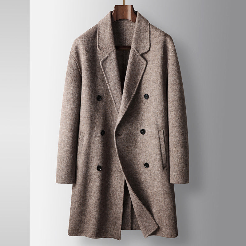 Felix Grant dark wool double-breasted coat, tailored professional silhouette with premium soft-hand fabric
