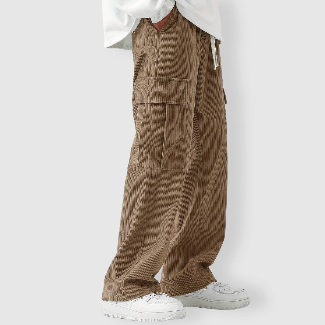 Beige corduroy cargo pants relaxed baggy fit with functional cargo pockets streetwear style