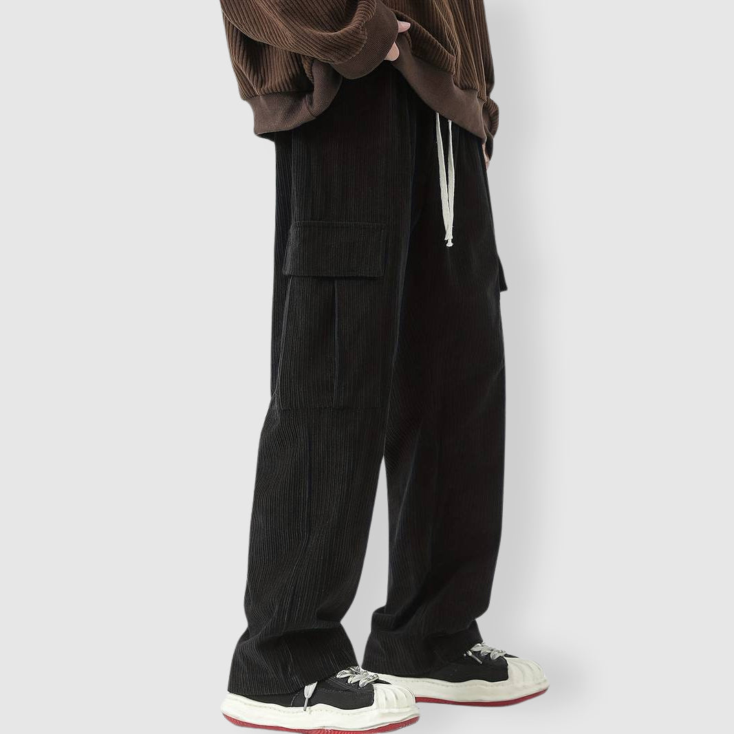 Relaxed baggy corduroy cargo pants in streetwear style with multiple functional cargo pockets