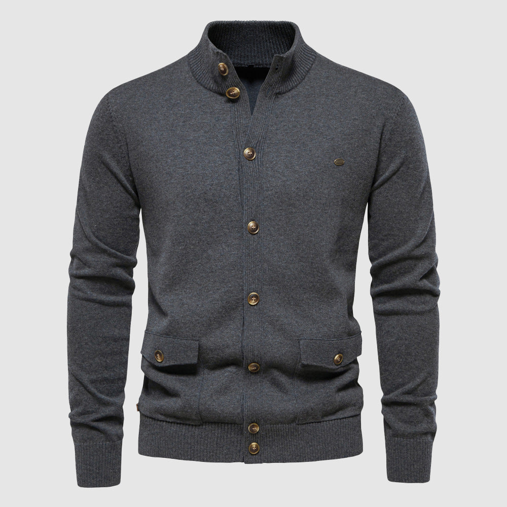 Felix Grant cotton knit cardigan in neutral tone, button-up front, relaxed fit for office and casual wear