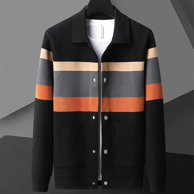 Felix Grant men's wool cotton cardigan with polo collar, stripe detail, button closure, cozy layering fit