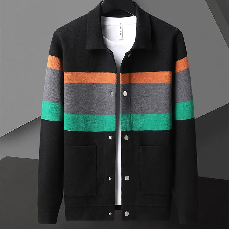 Felix Grant men's beige wool cotton blend cardigan with polo collar, stripe detail, and button closure