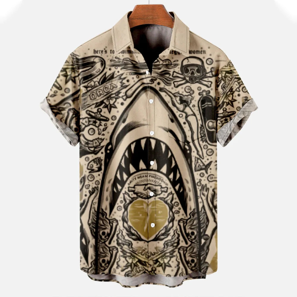 Felix Grant Crystal Lagoon short sleeve polyester shirt in bold blue shark print for summer
