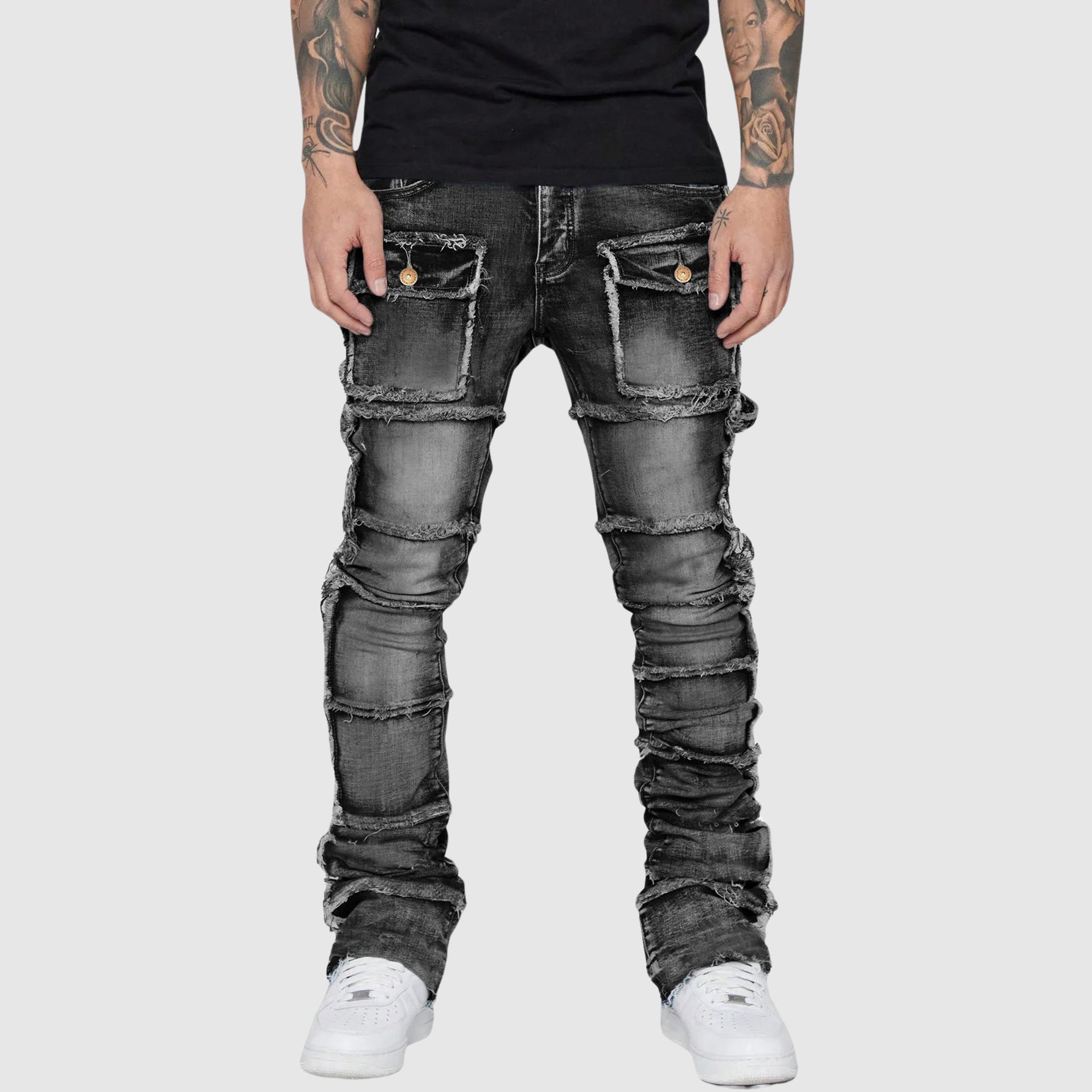 Felix Grant men's distressed blue denim jeans, slim pencil fit with raw urban edge