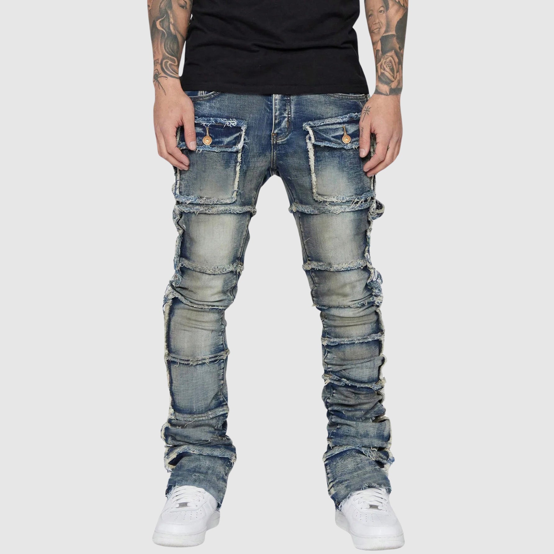 Men's distressed denim jeans pencil fit urban style midweight fabric all-season versatile