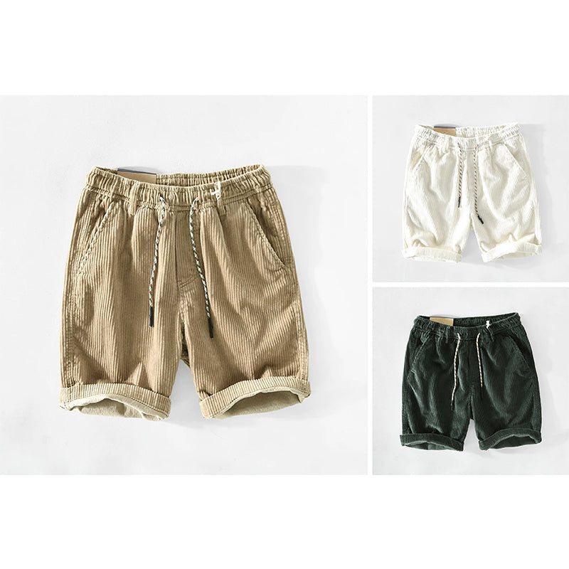 Men's loose fit cotton shorts in golden tones with colorful drawstring detail for breathable everyday comfort