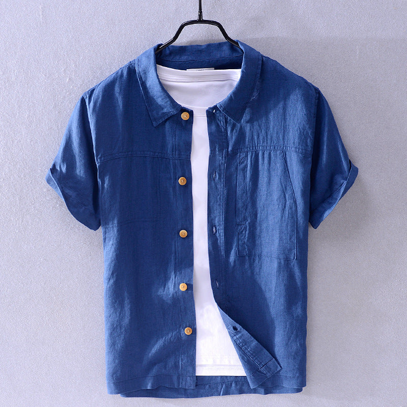 Men's linen summer shirt breathable lightweight fit with classic turn-down collar in neutral tone