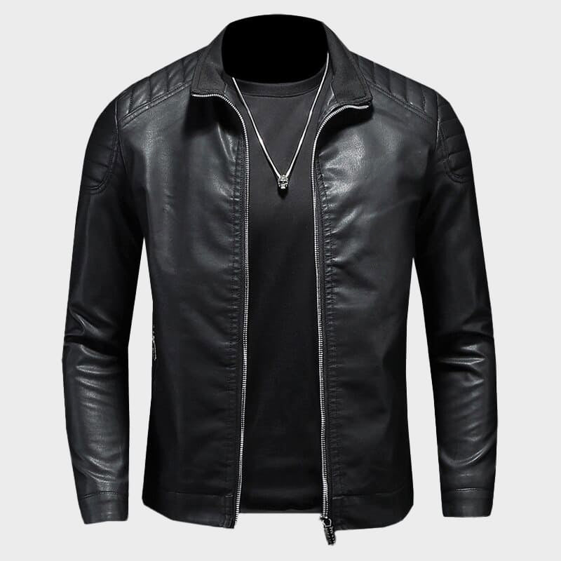 Black slim-fit faux leather moto jacket with PU zipper closure, lightweight urban biker style