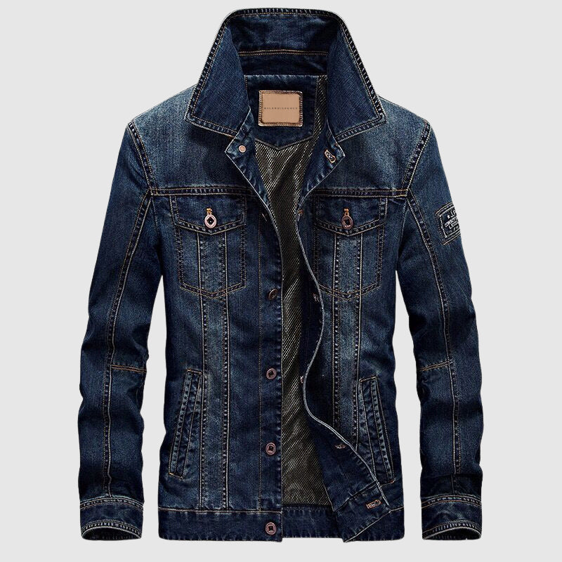 Felix Grant classic blue denim jacket, modern tailoring, turn-down collar, button closure, multiple pockets