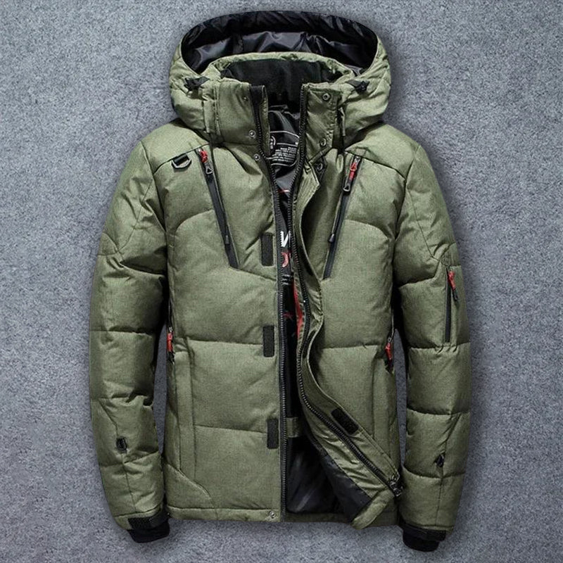 Felix Grant navy mountain down jacket with detachable hood and premium white goose down insulation