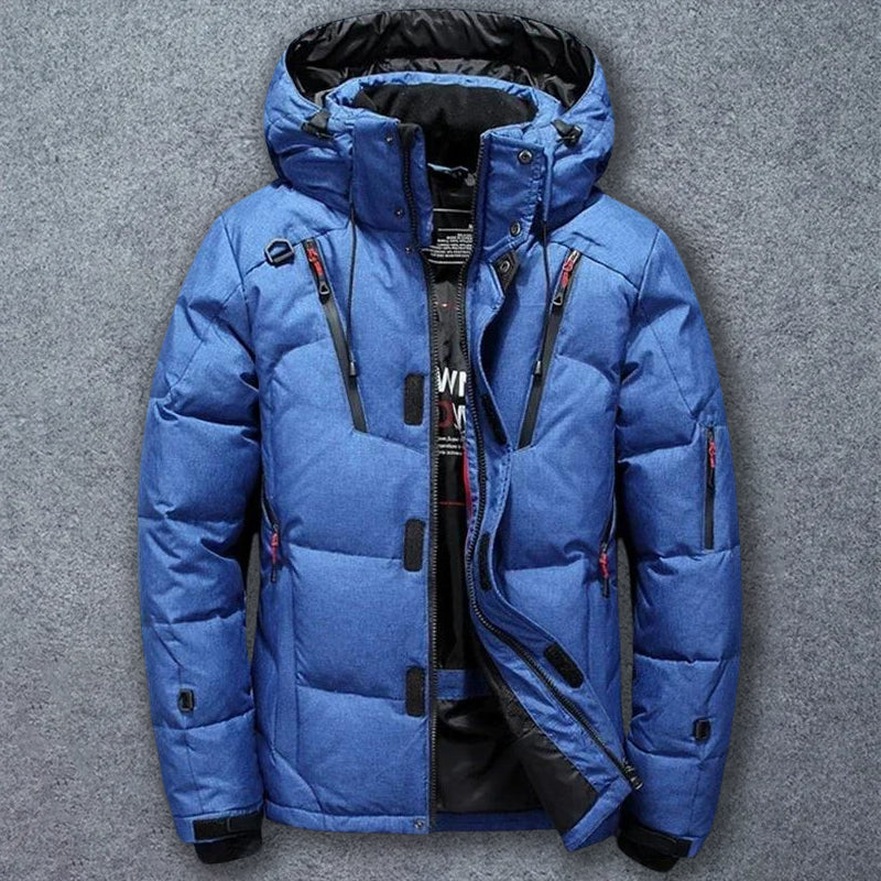 Felix Grant navy mountain down jacket with detachable hood, goose down insulation, slim outdoor fit