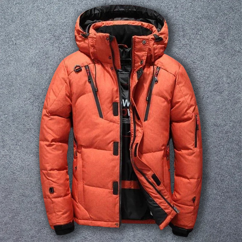 Felix Grant navy mountain down jacket with detachable hood and premium goose down insulation