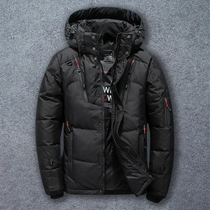 Felix Grant navy mountain down jacket with detachable hood, premium goose down insulation, slim outdoor fit