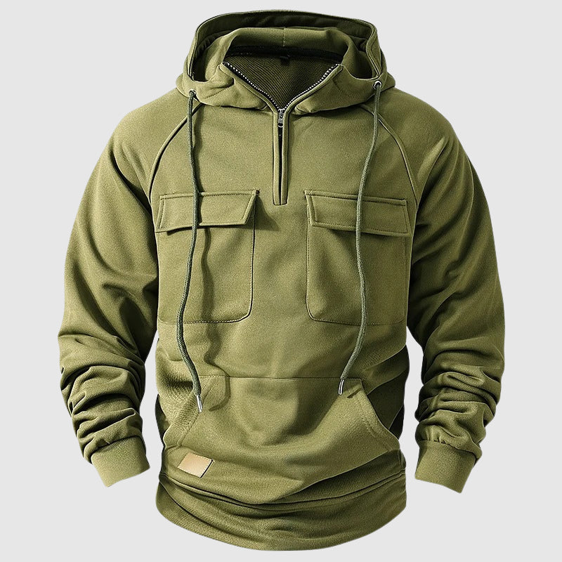 Men's gray multi-pocket cotton hoodie with zip neck closure and relaxed everyday fit