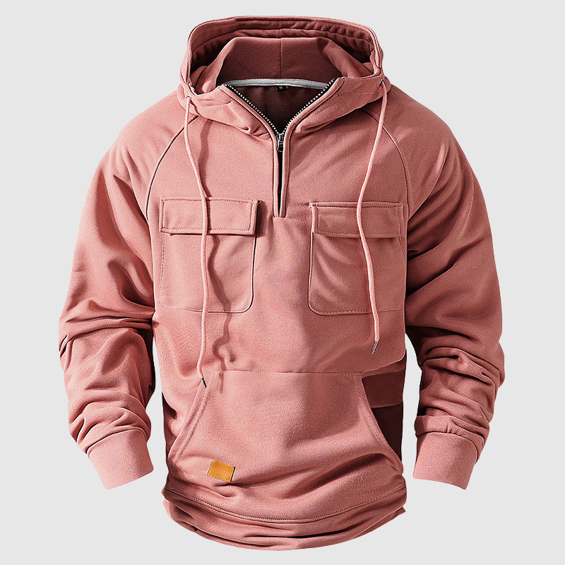 Men's gray multi-pocket cotton hoodie with zip neck closure and relaxed everyday fit