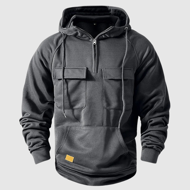 Men's gray multi-pocket cotton hoodie with zip neck closure and relaxed everyday fit