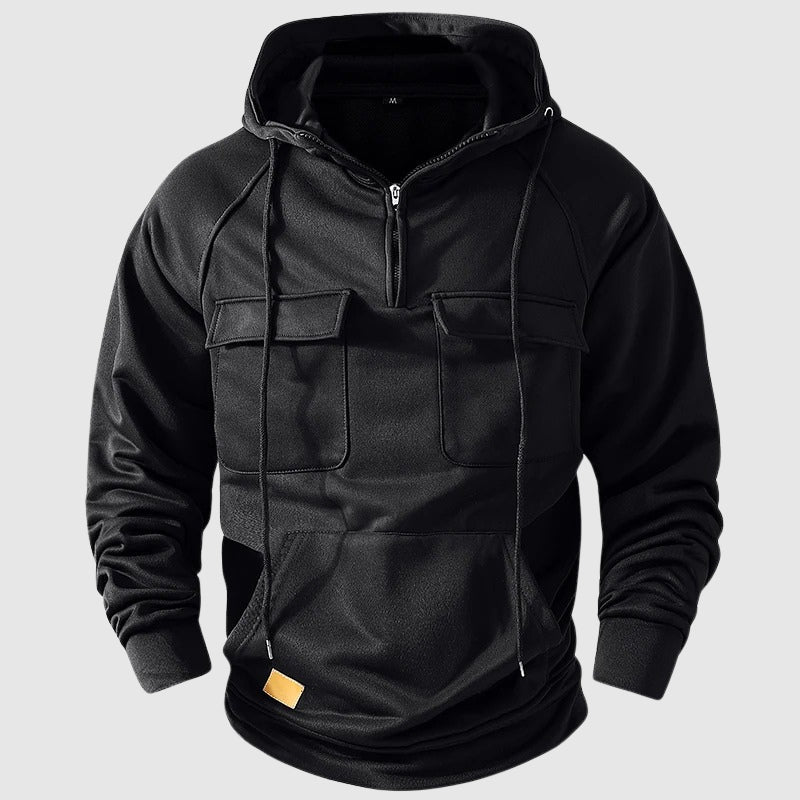 Men's gray multi-pocket cotton hoodie with zip neck closure and relaxed everyday fit