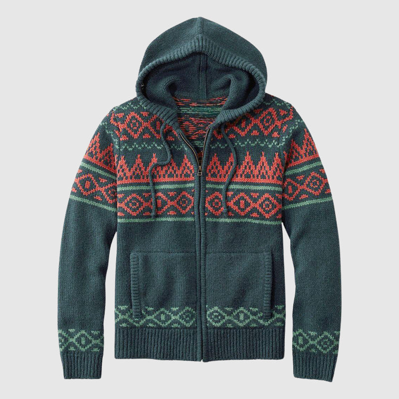 Women's multicolor jacquard hooded cardigan zip-up relaxed fit bold native pattern spring layer