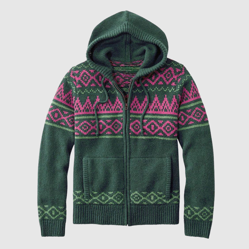 Women's multicolor jacquard hooded cardigan relaxed silhouette zip closure spring layering