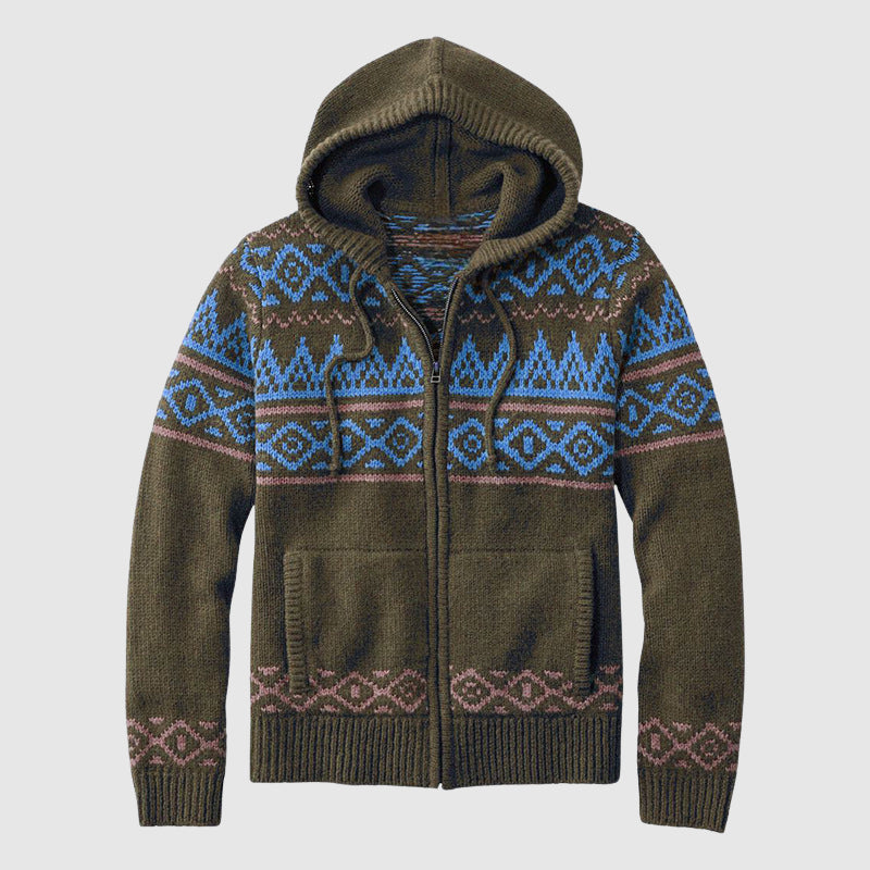 Women's multicolor jacquard hooded cardigan relaxed fit zip closure vibrant native pattern