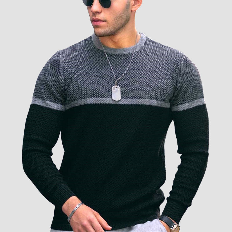 Men's slim fit crewneck knit sweater in dual-tone gradient, modern minimalist style