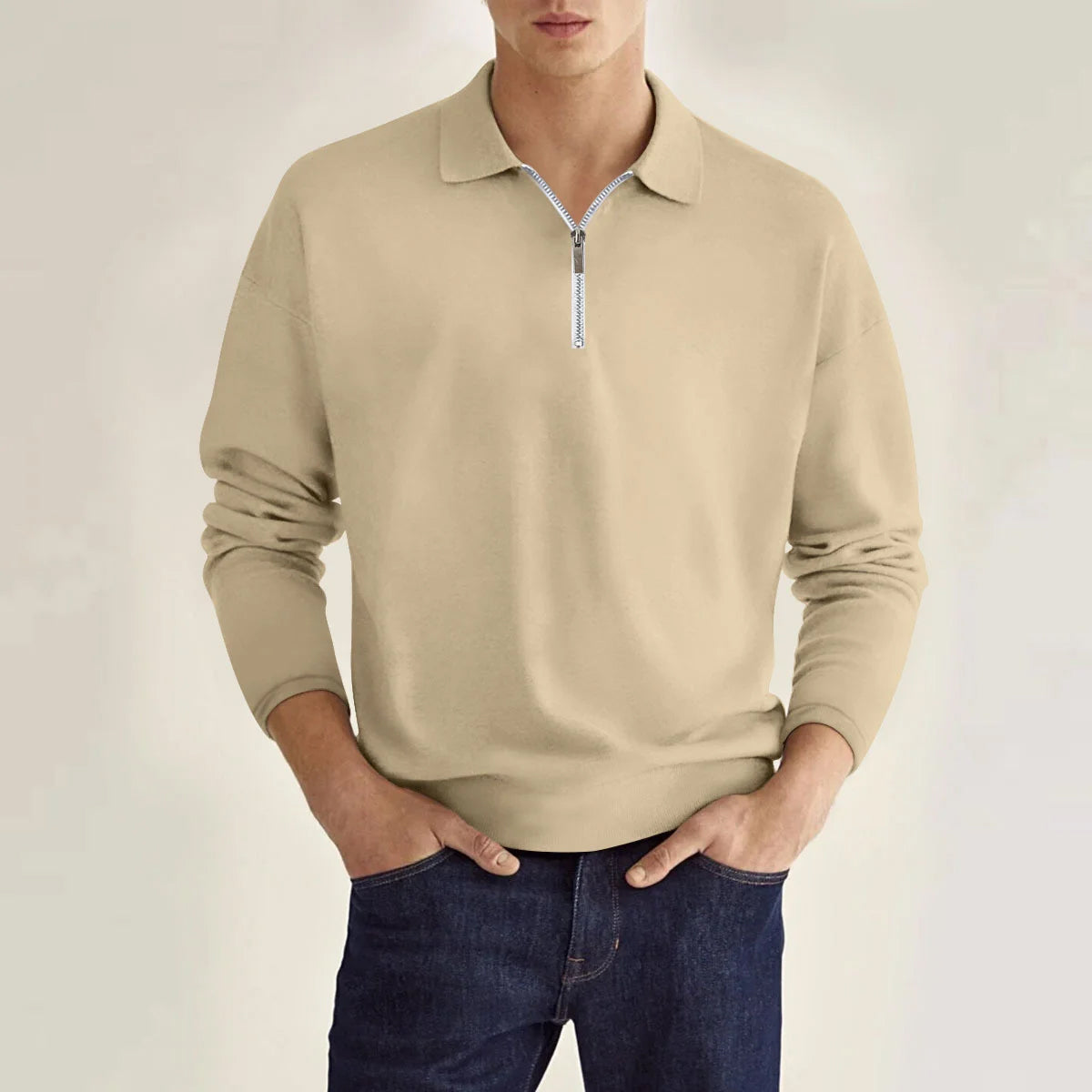 Men's relaxed fit full-sleeve knit polo shirt in solid oxford blue with zipper collar detail