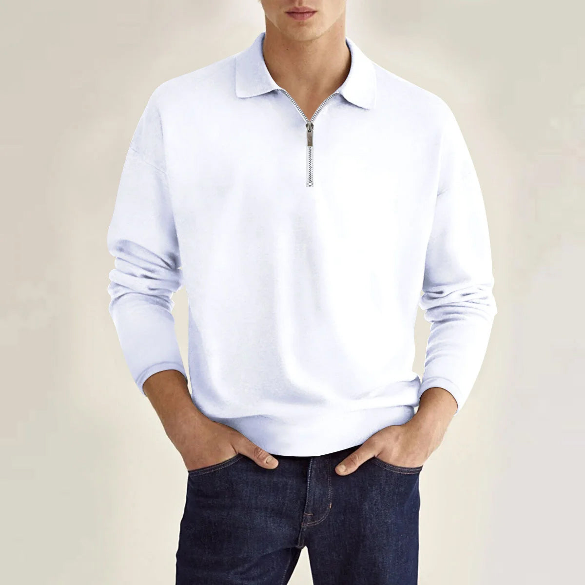 Men's relaxed fit full-sleeve knit polo shirt in solid Oxford style with zipper details