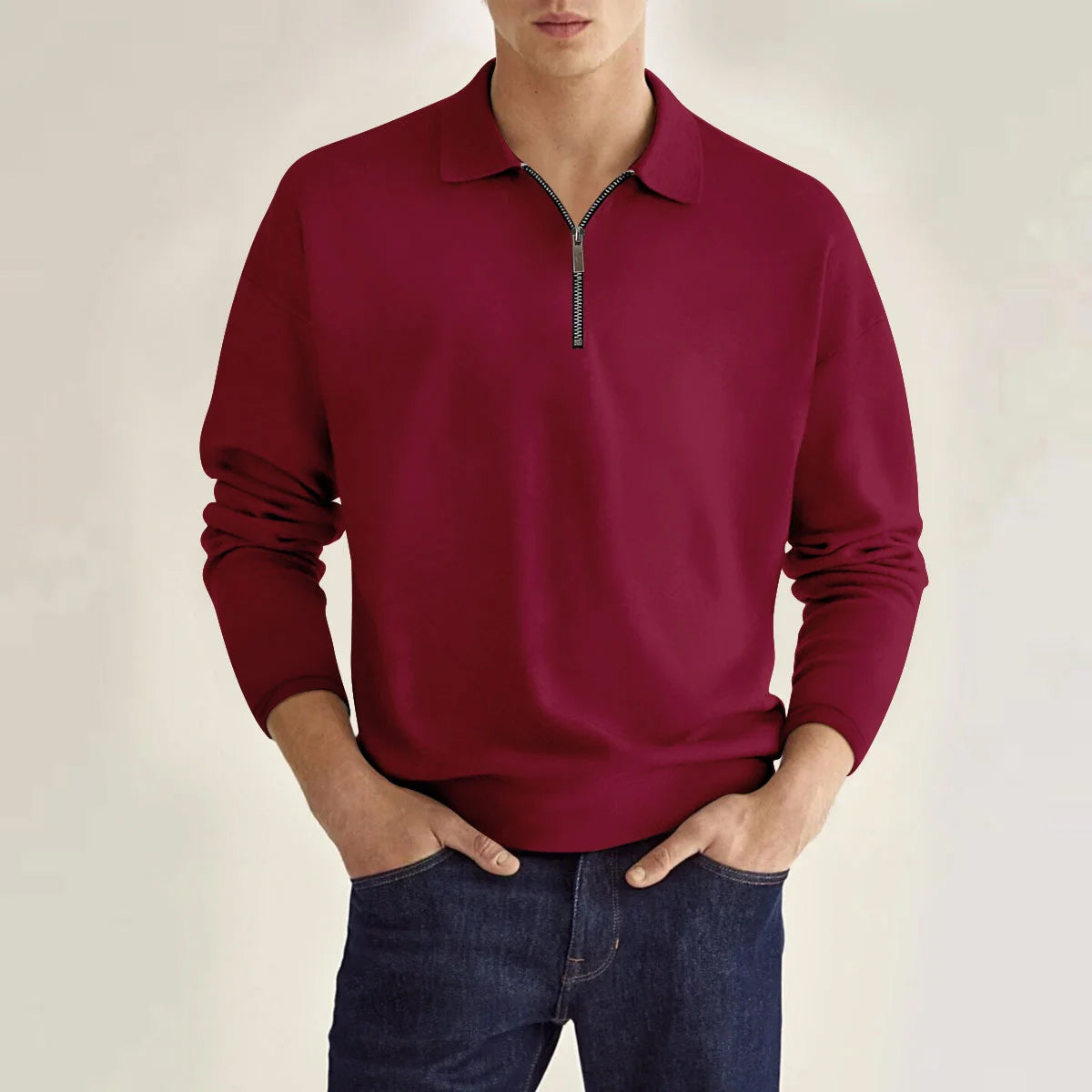 Men's relaxed fit full-sleeve knit polo shirt solid color with zipper detail, Oxford preppy style