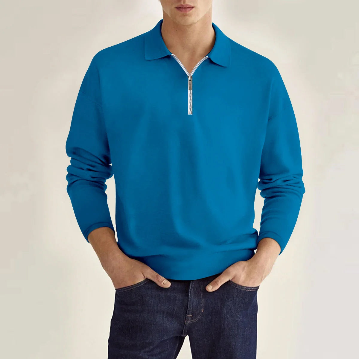 Men's relaxed fit full-sleeve knit polo shirt in solid oxford style with zipper detail