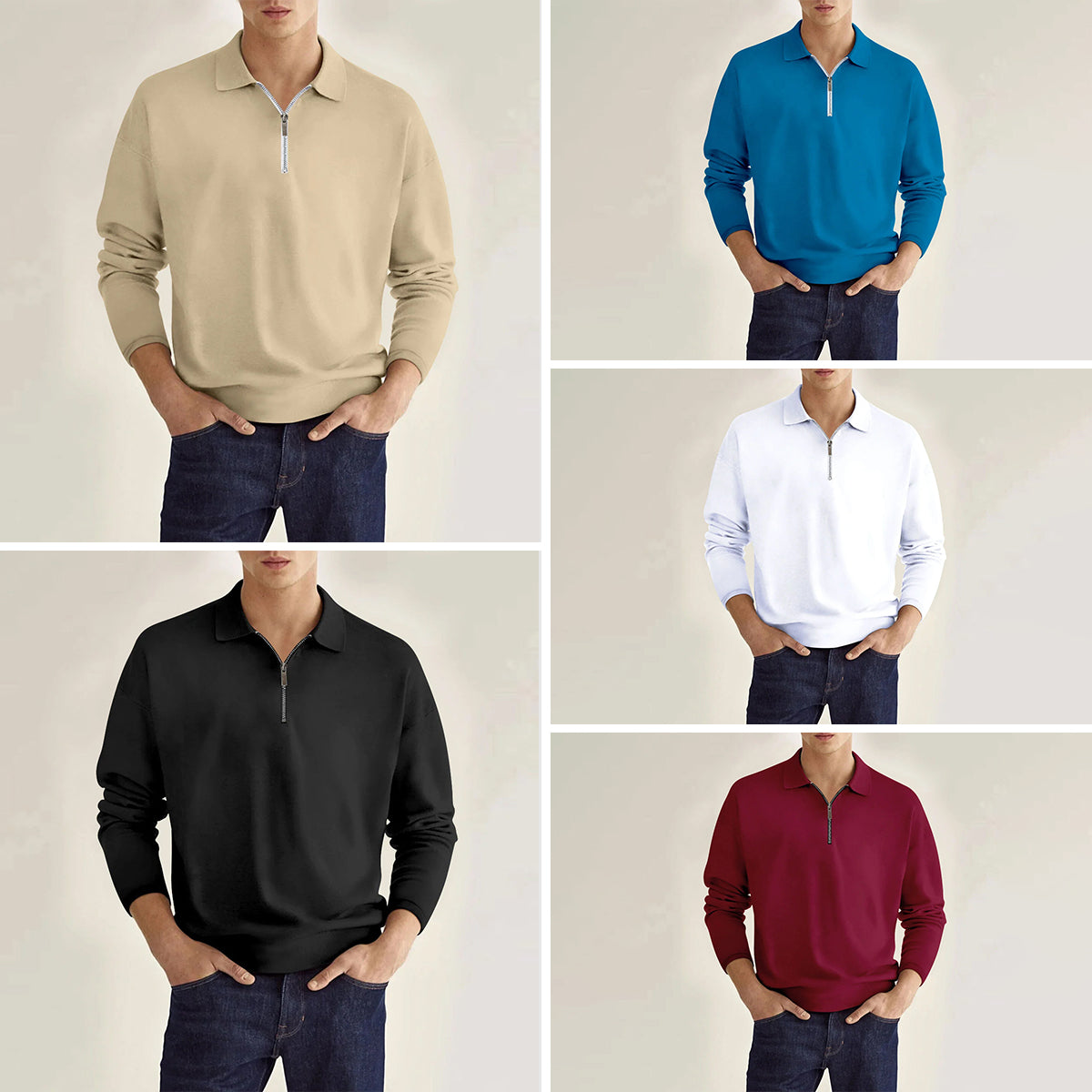 Men's relaxed fit full-sleeve knit polo shirt in solid color with distinctive zipper detail