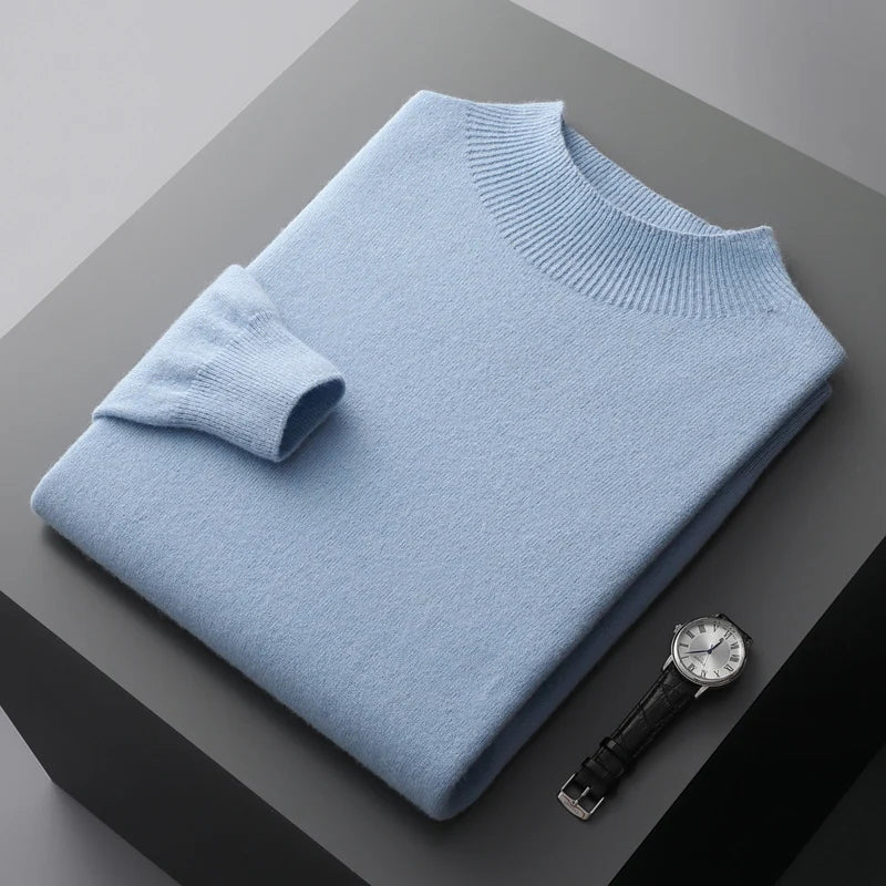 Felix Grant unisex wool sweater in neutral tone, ribbed half-turtleneck collar, ultra-soft luxury knit