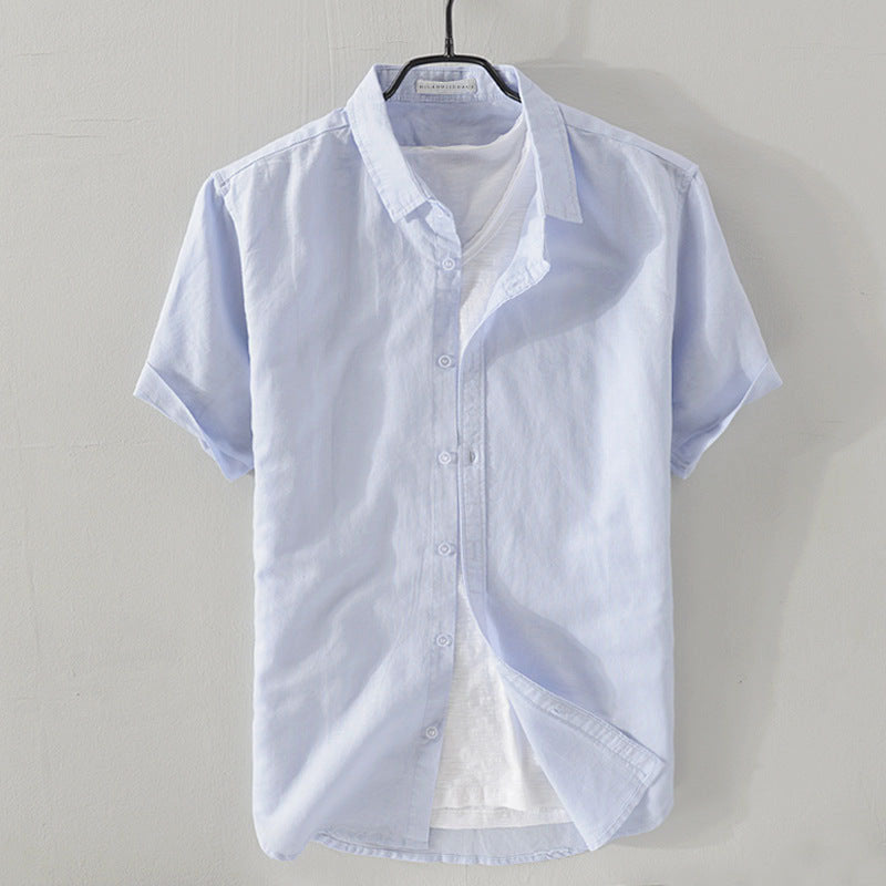 Men's relaxed linen-cotton short sleeve shirt with turn-down collar, breathable airy fit