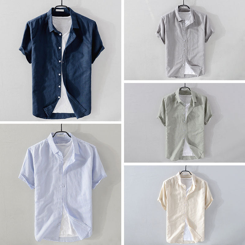 Men's relaxed linen-cotton blend short sleeve shirt with turn-down collar, breathable airy fit