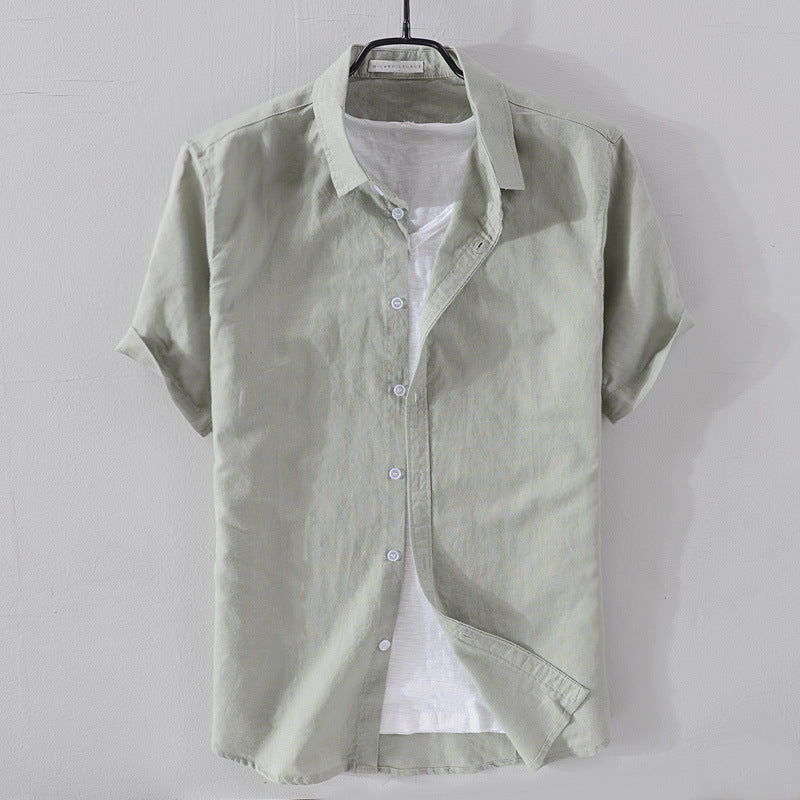 Men's relaxed linen-cotton blend short sleeve shirt with turn-down collar, airy warm-weather style