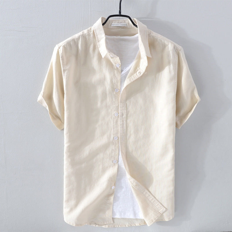 Men's relaxed linen-cotton blend shirt with turn-down collar and short sleeves for airy warm-weather comfort