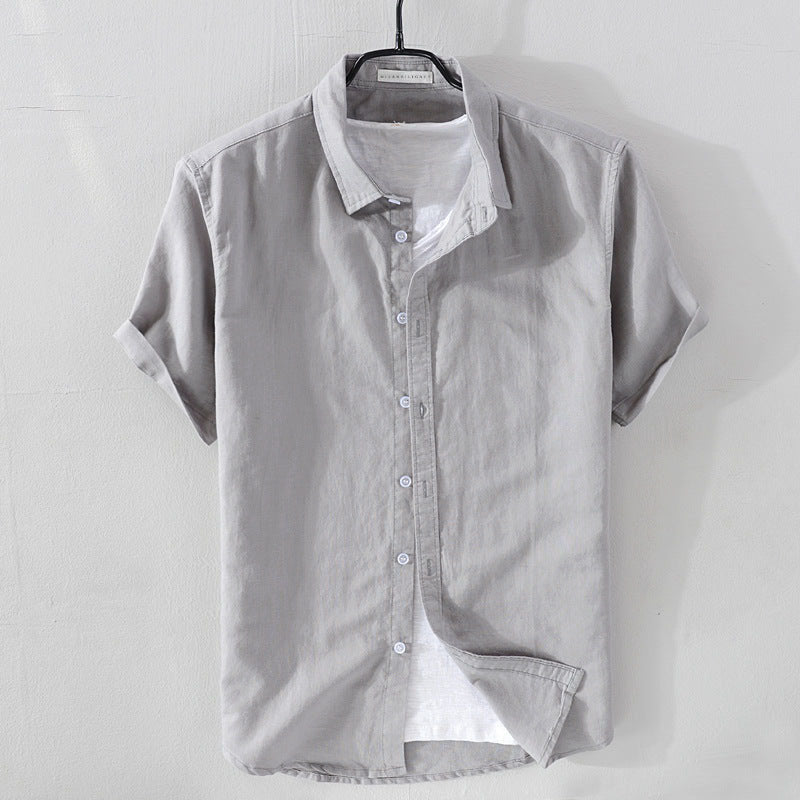 Men's relaxed linen-cotton short sleeve shirt with turn-down collar, breathable airy fit