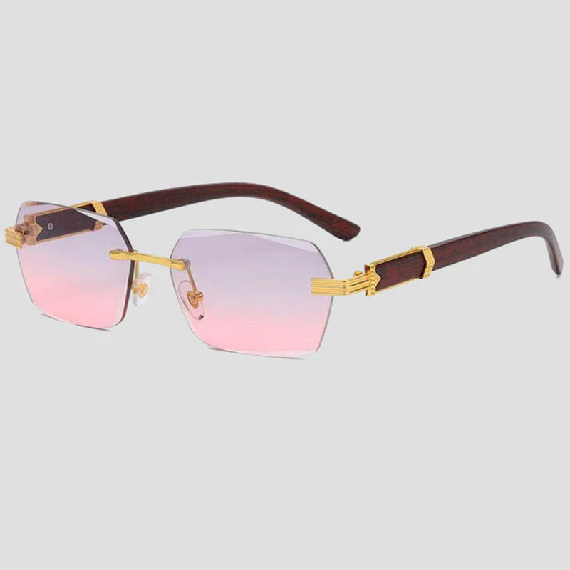 Rimless gradient polarized sunglasses with lightweight wooden temples for style-conscious travelers
