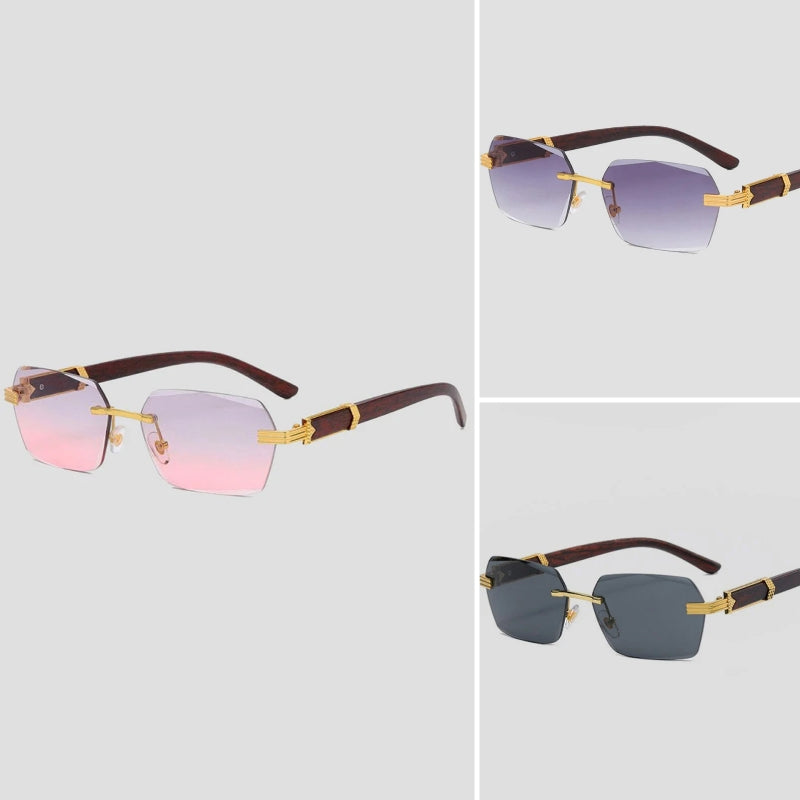 Rimless gradient polarized sunglasses with lightweight wooden temples for style-conscious travelers
