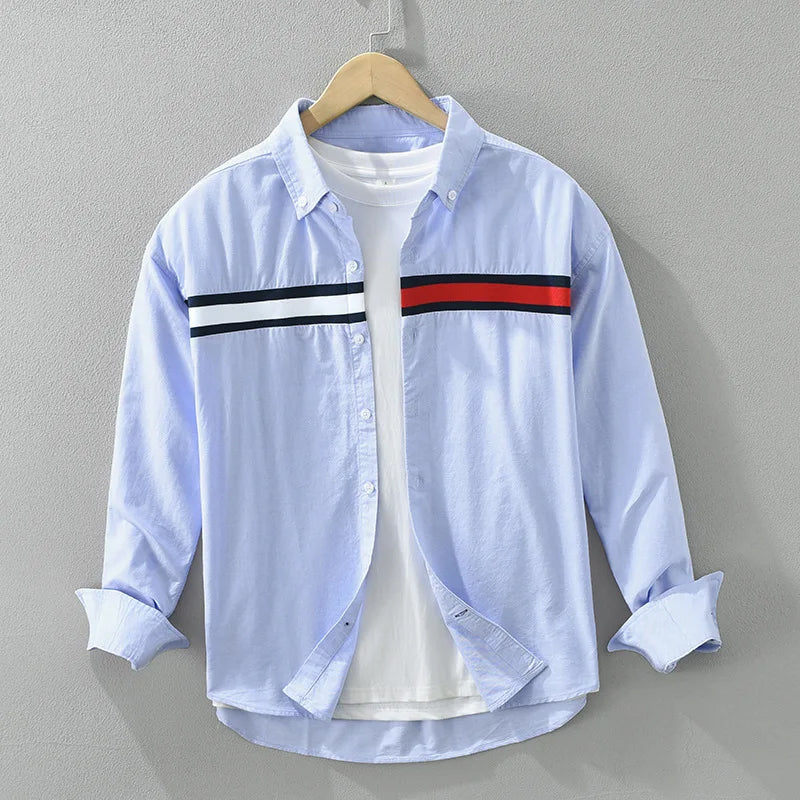 Men's white blue color-block button-up shirt bold red front accent turn-down collar cotton blend