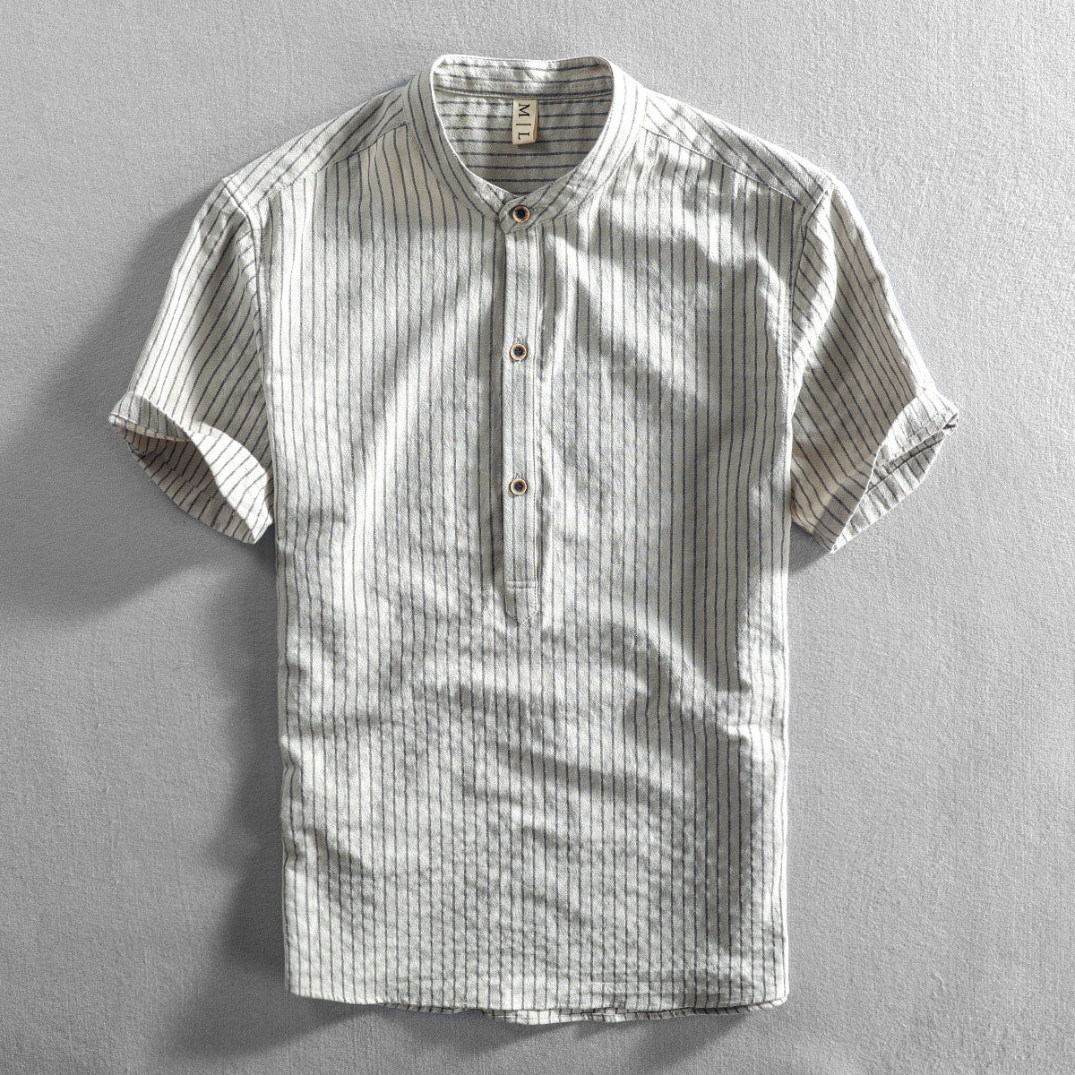 Men's striped cotton shirt stand collar loose fit breathable short sleeve summer casual style