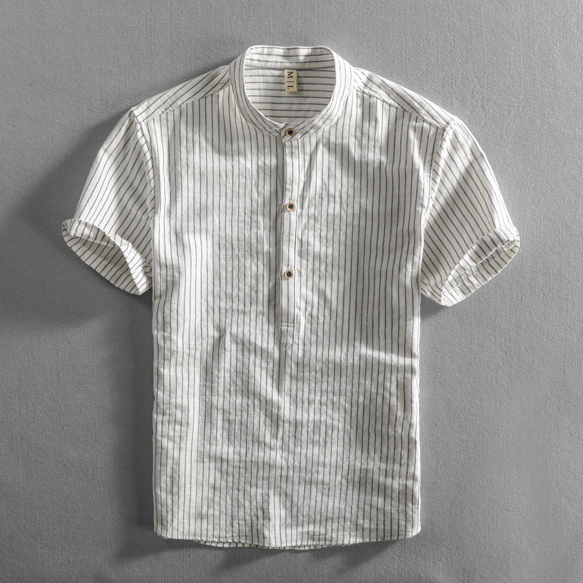 Men's striped cotton shirt stand collar loose fit breathable short sleeve summer casual style
