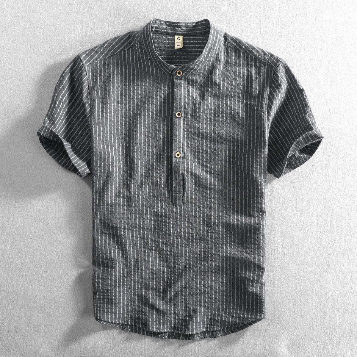 Men's striped cotton shirt stand collar loose fit short sleeve breathable summer casual style