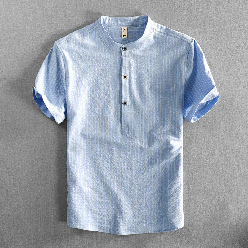 Men's striped cotton shirt stand collar loose fit breathable short sleeve summer casual style