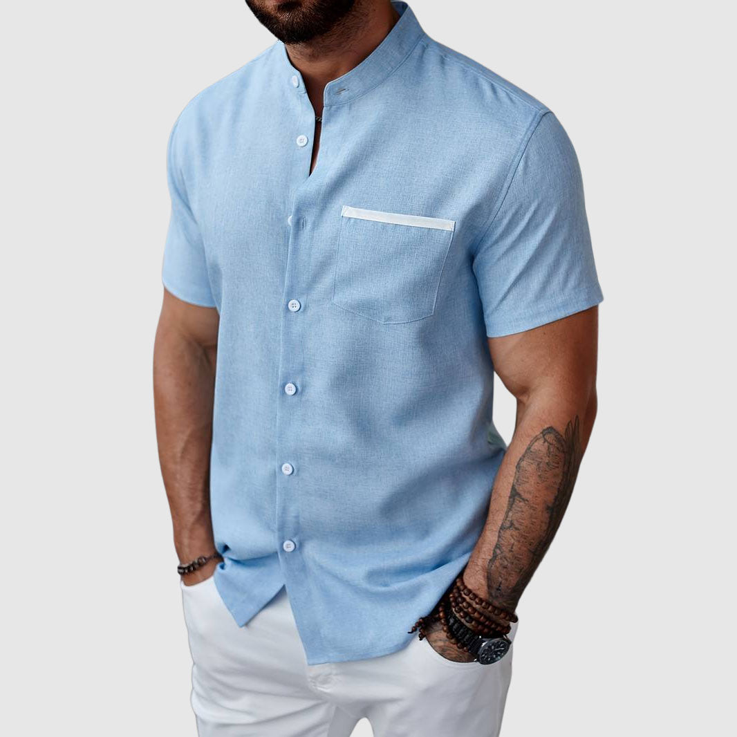 Men's summer henley shirt breathable polyester blend short sleeve with chest pocket casual fit