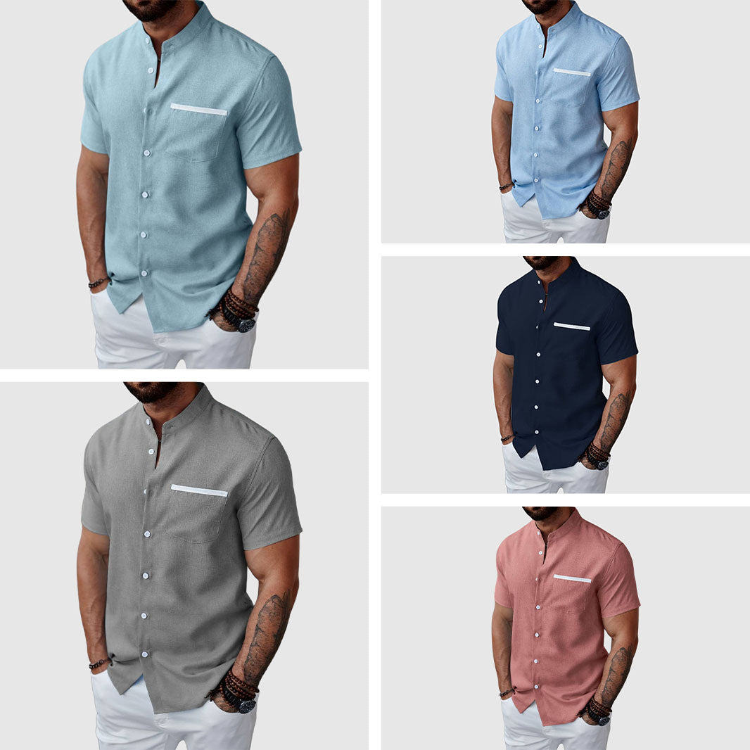 Men's casual short-sleeve Henley shirt polyester blend breathable summer fit with chest pocket