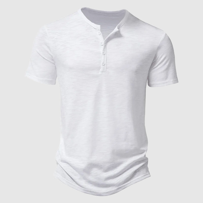Felix Grant Summer Serenity unisex white polyester tee with 4-button placket, lightweight short sleeve