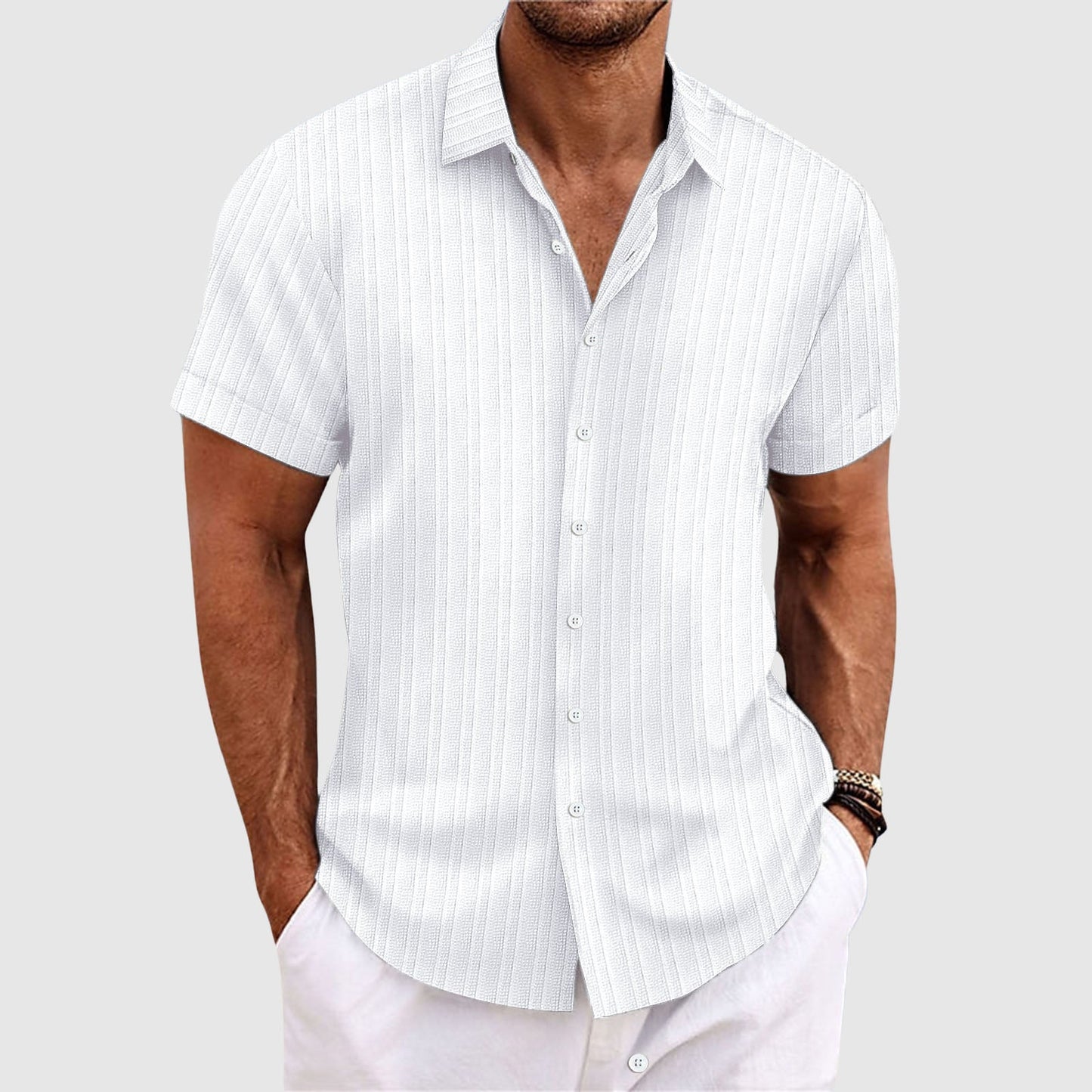 Felix Grant striped lapel collar shirt in classic multi-color, button-up outdoor casual style